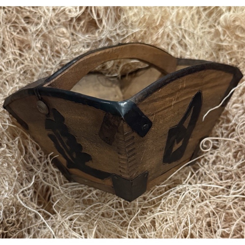 Ceremonial Chinese Rice Bucket Divided Wood Basket Calligraphy & Iron Reinforce